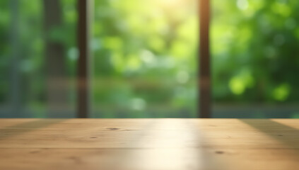 Aufkleber - The empty wooden tabletop was reflected in a blurred abstract image of a green garden outside the window._00002_