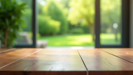 Aufkleber - The empty wooden tabletop was reflected in a blurred abstract image of a green garden outside the window._00003_