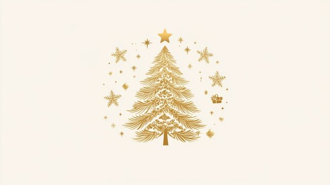 A logo design featuring a Christmas tree, star, and other elements in gold foil on a white background. The central focus is the silhouette of an ornate Christmas pine tree with glittering stars