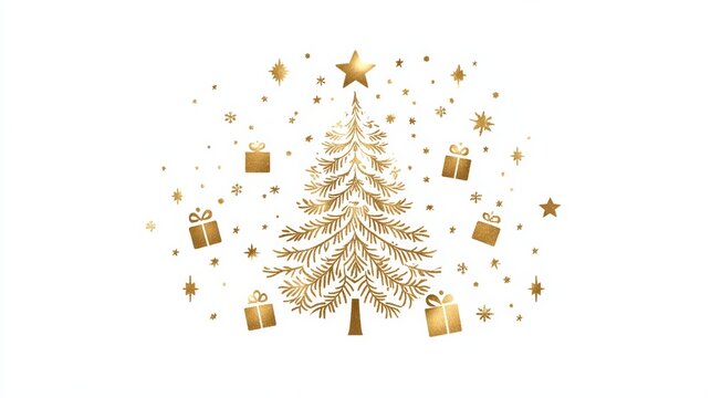 A logo design featuring a Christmas tree, star, and other elements in gold foil on a white background. The central focus is the silhouette of an ornate Christmas pine tree with glittering stars