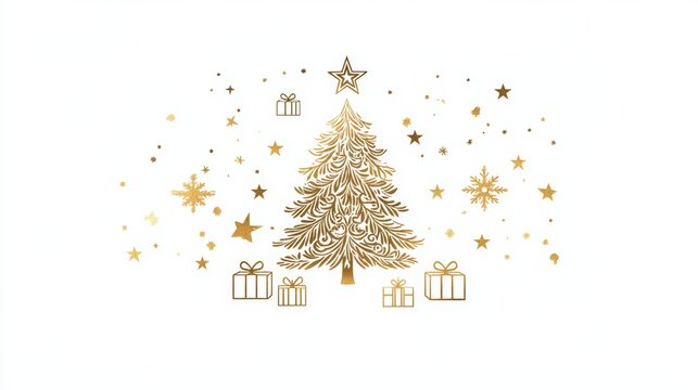 A logo design featuring a Christmas tree, star, and other elements in gold foil on a white background. The central focus is the silhouette of an ornate Christmas pine tree with glittering stars