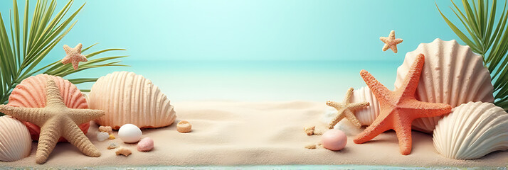 Poster - Summer time concepts feature seashell starfish and coastal decorations on an abstract style beach background design._00002_