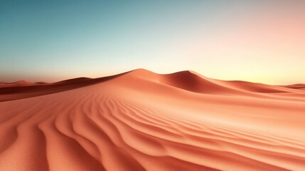 The vast desert landscape is transformed into a golden expanse under the setting sun, with sweeping dunes forming waves of sand against the open sky.