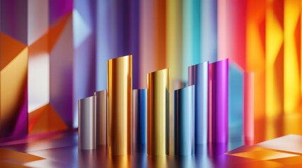 Poster - A vibrant 3D bar chart with glowing, metallic bars in different heights, showcasing business growth metrics, with abstract data patterns in the background.