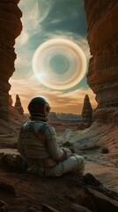 Wall Mural - astronaut contemplating ringed planet from alien canyon