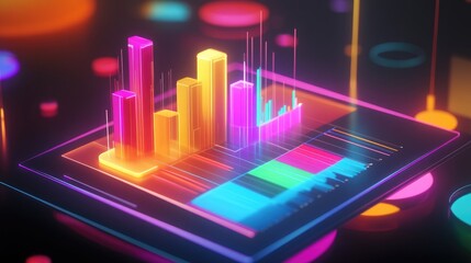 Poster - A vibrant 3D financial chart featuring colorful segments and glowing lines, displayed on a digital tablet screen with business executives discussing the results.