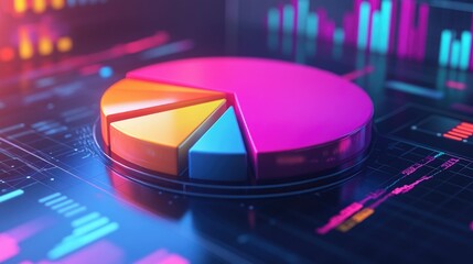 Poster - A vibrant 3D pie chart with colorful segments, each section rising from the base, symbolizing market share data, displayed on a modern, sleek digital dashboard