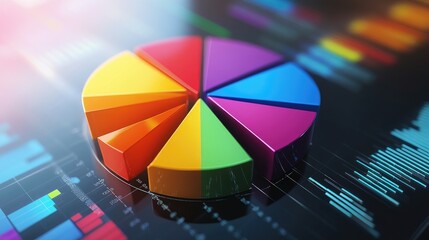Poster - A vibrant 3D pie chart with colorful segments, each section rising from the base, symbolizing market share data, displayed on a modern, sleek digital dashboard