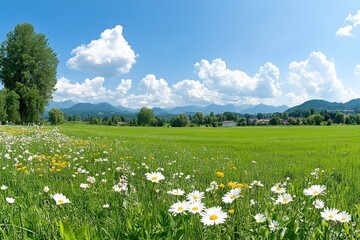 Wall Mural - Vibrant wildflowers bloom in a sunny meadow beneath a clear blue sky in the mountains. Generative AI