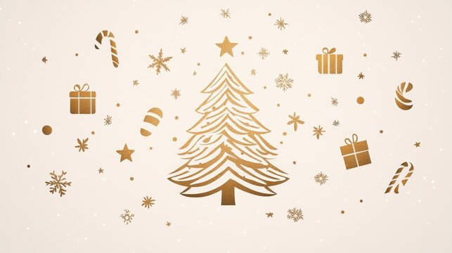 A logo design featuring a Christmas tree, star, and other elements in gold foil on a white background. The central focus is the silhouette of an ornate Christmas pine tree with glittering stars