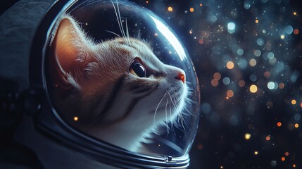 Wall Mural - curious cat astronaut wearing spacesuit exploring galaxy