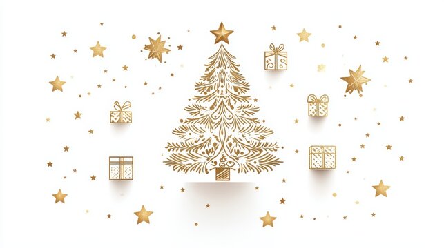 A logo design featuring a Christmas tree, star, and other elements in gold foil on a white background. The central focus is the silhouette of an ornate Christmas pine tree with glittering stars