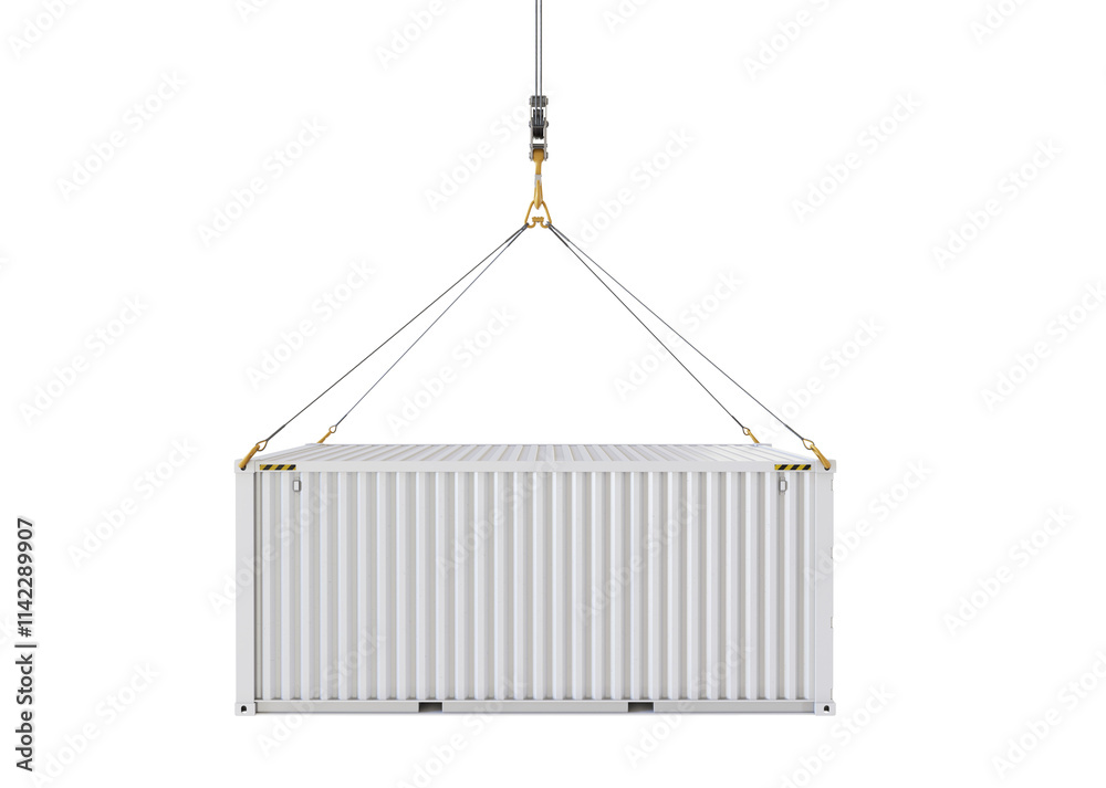 Side view of a white container being hoisted by hooks, isolated on a ...