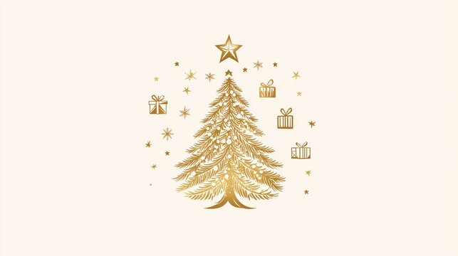 A logo design featuring a Christmas tree, star, and other elements in gold foil on a white background. The central focus is the silhouette of an ornate Christmas pine tree with glittering stars