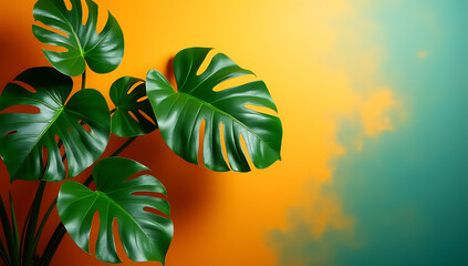 Wall Mural - Monstera leaves branch out in a lush display above a vibrant colored background._00003_