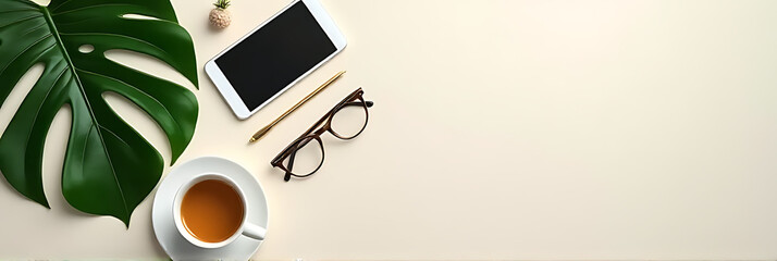 Fototapete - Monstera leaves arranged elegantly with business accessories on a neutral colored space background for flat lay photography._00003_