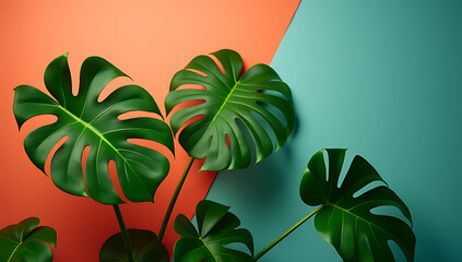Wall Mural - Monstera leaves branch out in a lush display above a vibrant colored background._00002_