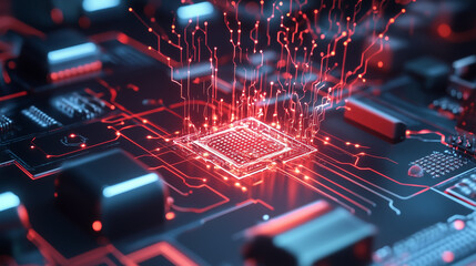 Poster - Close-up of a circuit board with glowing red microchip and intricate electronic pathways showcasing technology at its finest