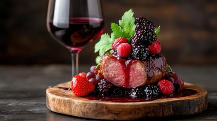 An elegant gourmet dish topped with fresh berries, paired with a glass of red wine, creating a delightful visual feast set against a dark wood background.