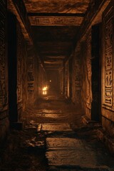 Poster - Ancient stone corridor, carvings, dim light.