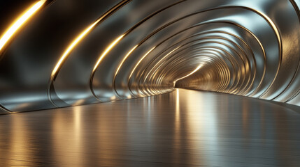 Poster - A visually striking modern tunnel with metallic walls illuminated by soft warm lights during an evening exploration