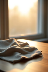 Poster - Fabric on a wooden table is visible through a blurred window against a bright morning light in the background._00002_