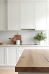 Poster - End grain wood counter tops are often featured in minimalist kitchens with a blurred white background to minimize visual distraction._00002_
