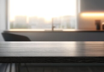 Aufkleber - Dark wooden table top with blurred modern kitchen background.