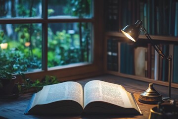 Poster - Open book, desk lamp, window, plants, bookshelves.