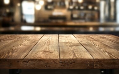 Aufkleber - Empty wooden table in blurry cafe background.