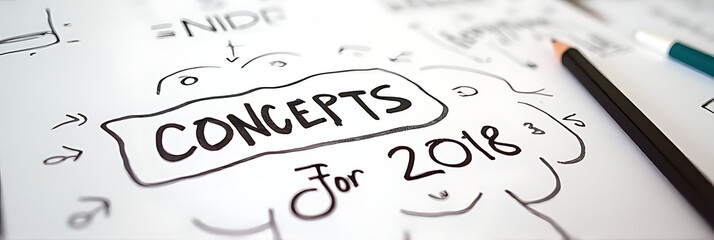 Poster - Concepts for 2018 ideas were scribbled down with a pencil on plain white paper in a cluttered brainstorming session._00001_