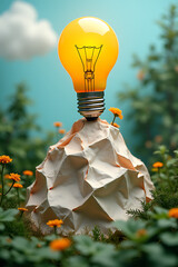 Concepts and creative ideas come to life atop a crumpled paper mountain shaped like a lightbulb amidst natural surroundings._00002_