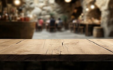 Poster - Empty wooden table in blurred rustic restaurant background.