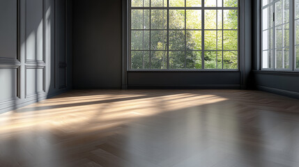 Poster - sunlight streams into a spacious empty room with large windows surrounded by greenery