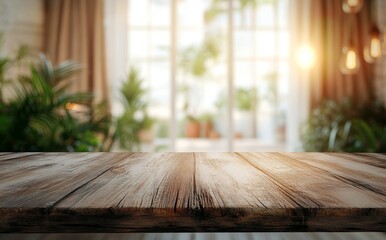 Aufkleber - Sunlit wooden table against blurred window and plants background.