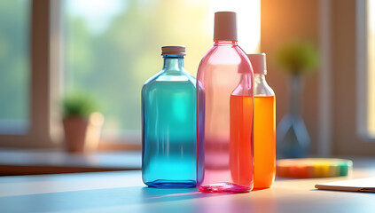 Aufkleber - Colorful abstract bottle mockup on a minimalist worktable sparks business ideas and showcases creative design concepts and imagination._00001_