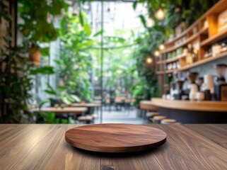 Poster - Empty wooden round display on table in blurred cafe background.