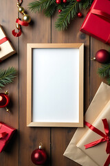 Aufkleber - Christmas card concept featuring an empty frame, gift box, ornament, and paper on a wooden table background._00003_