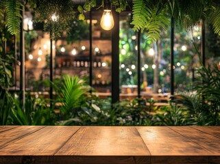 Poster - Wooden table in front of a blurred restaurant with greenery and warm lighting.