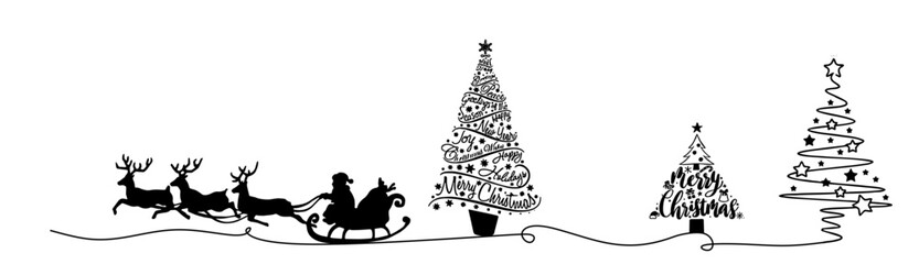 Wall Mural - line art of a fir tree with a reindeer carriage accompanying Santa Clause