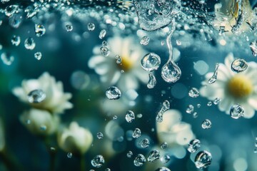 Poster - Underwater daisies with water droplets.