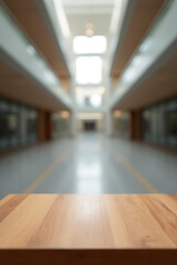 Aufkleber - A wooden tabletop sits atop a blurred building in the background of a large empty hallway._00003_