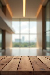 Aufkleber - A wooden tabletop sits atop a blurred building in the background of a large empty hallway._00002_