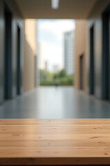 Aufkleber - A wooden tabletop sits atop a blurred building in the background of a large empty hallway._00001_