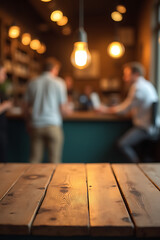 Poster - A wooden table top in a blurred background of a busy cafe or shop with a single light bulb shining brightly._00001_