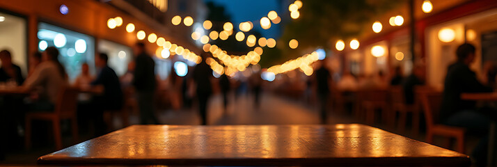 Poster - A wooden table in a bustling night time street cafe setting, surrounded by a celebration atmosphere and soft ambient light._00001_