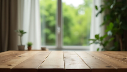 Poster - A wood tabletop is visible through a blurred curtain in a room with a window offering a view of a green garden outside._00002_