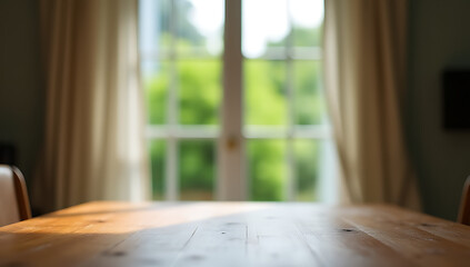 Poster - A wood tabletop is visible through a blurred curtain in a room with a window offering a view of a green garden outside._00001_