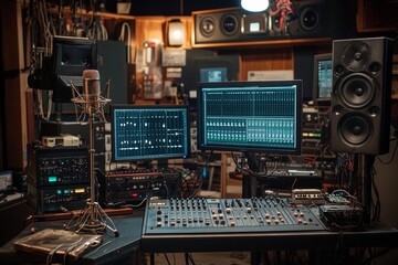 a studio with a microphone and a computer monitor