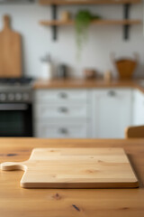 Poster - A wood table top with a chopping board sits against a blurred kitchen counter in the background._00002_